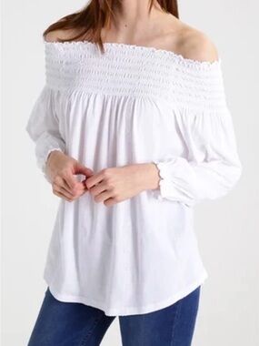RALPH LAUREN White Off-Shoulder Smocked Boho Cottagecore Peasant Top Blouse S